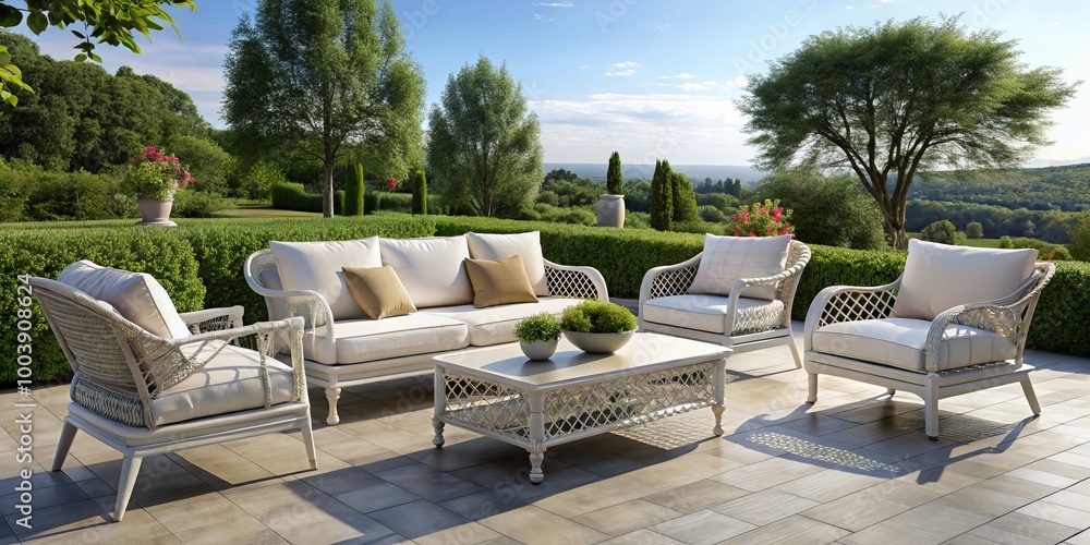 Obraz premium This sophisticated white outdoor furniture collection is ideal for patios, gardens, and relaxation spaces, providing