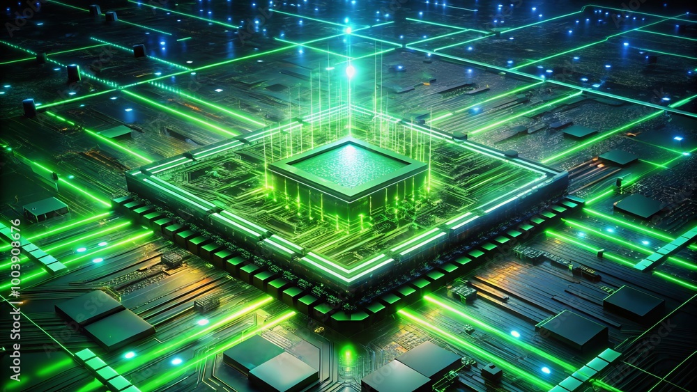 This striking 3D visualization features a radiant microchip, bathed in green neon light, enveloped by a futuristic This striking 3D visualization features a radiant microchip, bathed in green neon light, enveloped by a futuristic