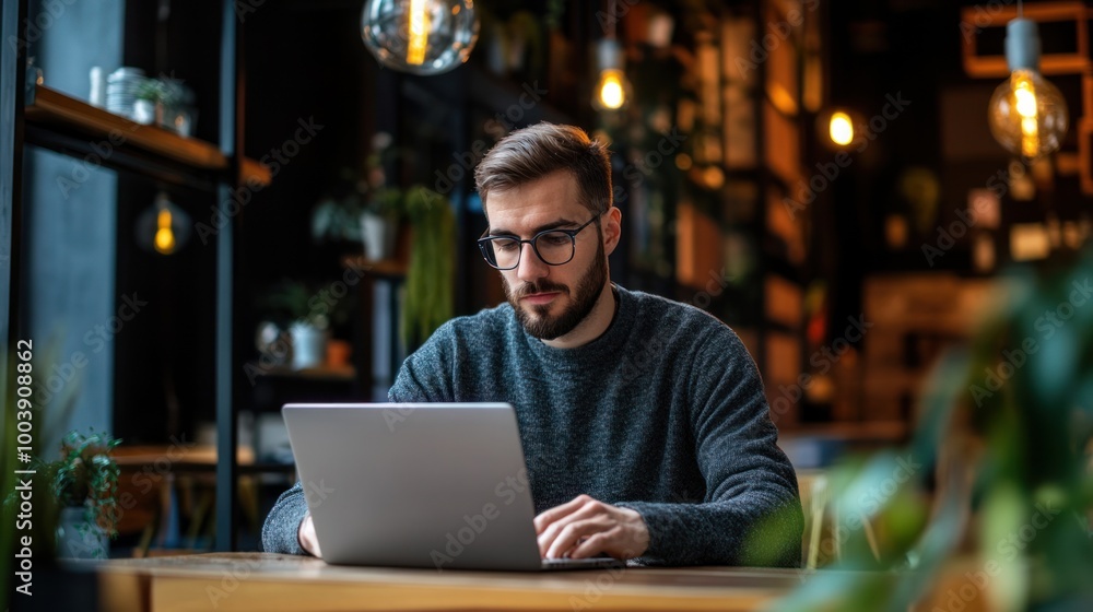 Businessman in a modern office working on a laptop Businessman in a modern office working on a laptop
