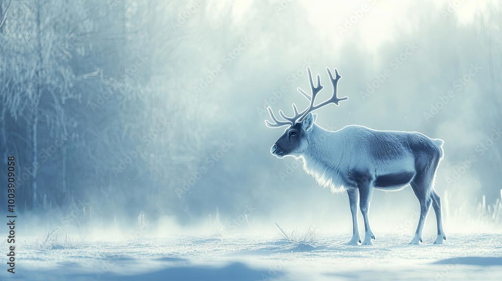 A majestic reindeer stands in a winter wonderland, surrounded by frosty trees and soft mist, capturing a serene and magical atmosphere. A majestic reindeer stands in a winter wonderland, surrounded by frosty trees and soft mist, capturing a serene and magical atmosphere.