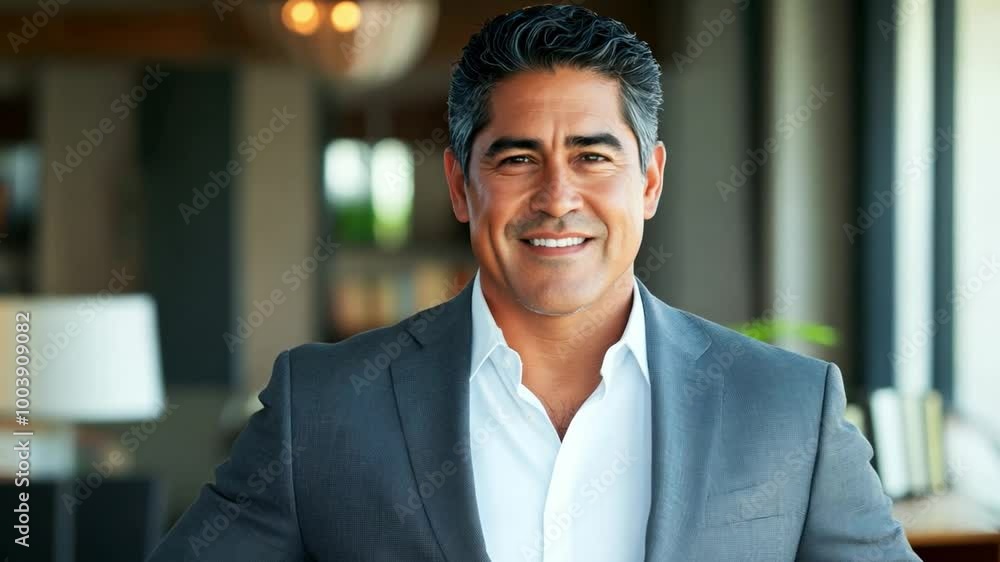 Confident businessman smiles in a modern office space during the afternoon in a well-lit environment Confident businessman smiles in a modern office space during the afternoon in a well-lit environment