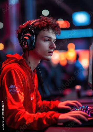 Intense Gaming Session Focused Gamer Competes in a HighStakes Esports Tournament photo