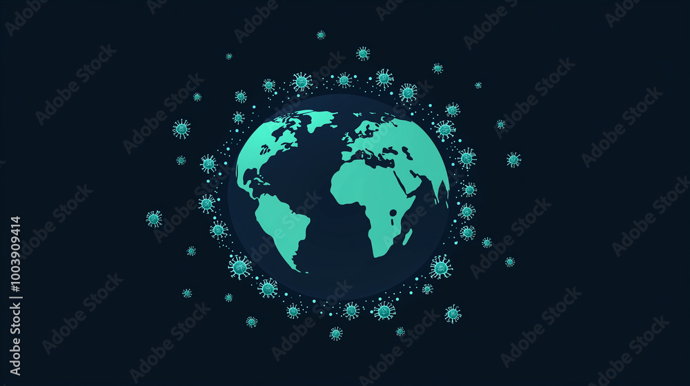 A stylized Earth at the center, surrounded by various virus icons, highlighting global health concerns during a pandemic. A stylized Earth at the center, surrounded by various virus icons, highlighting global health concerns during a pandemic.