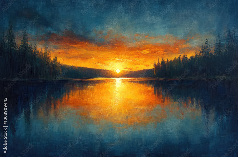 Sunset Over a Tranquil Lake: An Impressionist Painting Evoking Calm and Serenity Sunset Over a Tranquil Lake: An Impressionist Painting Evoking Calm and Serenity