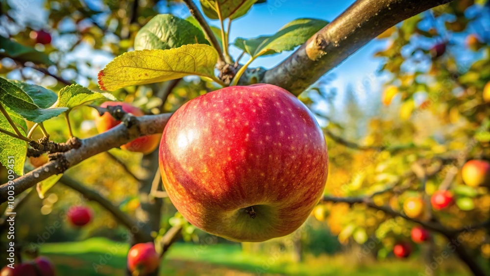 Late maturing apple hanging on tree branch in early autumn Late maturing apple hanging on tree branch in early autumn