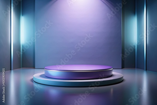 Circular podium in a room with cool blue lighting.