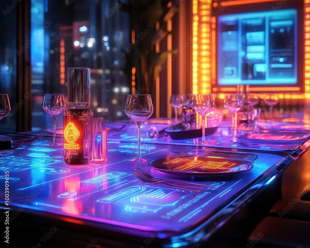Dinner party in a futuristic smart home with glowing neon table settings and digital menus Futuristic Neon High Detail Dinner party in a futuristic smart home with glowing neon table settings and digital menus Futuristic Neon High Detail