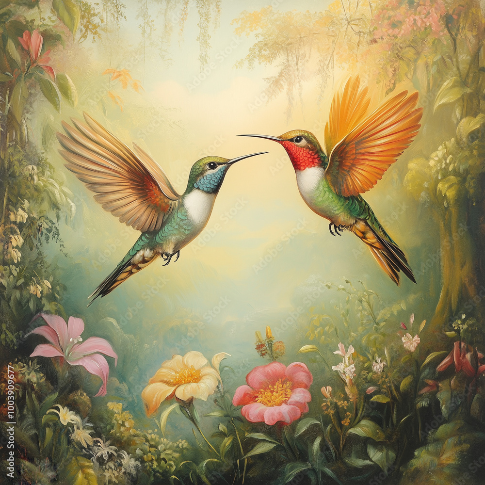 Obraz premium Graceful Flight: Hummingbird Duo Print 