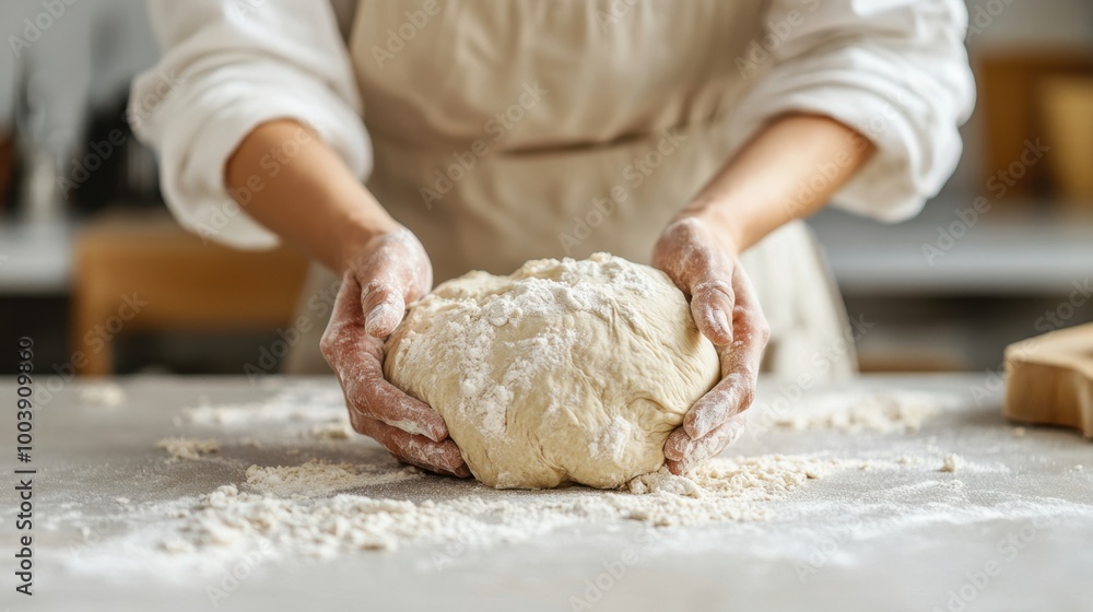 Local baker kneading dough, bright kitchen, clean background, minimal elements, copy space Local baker kneading dough, bright kitchen, clean background, minimal elements, copy space