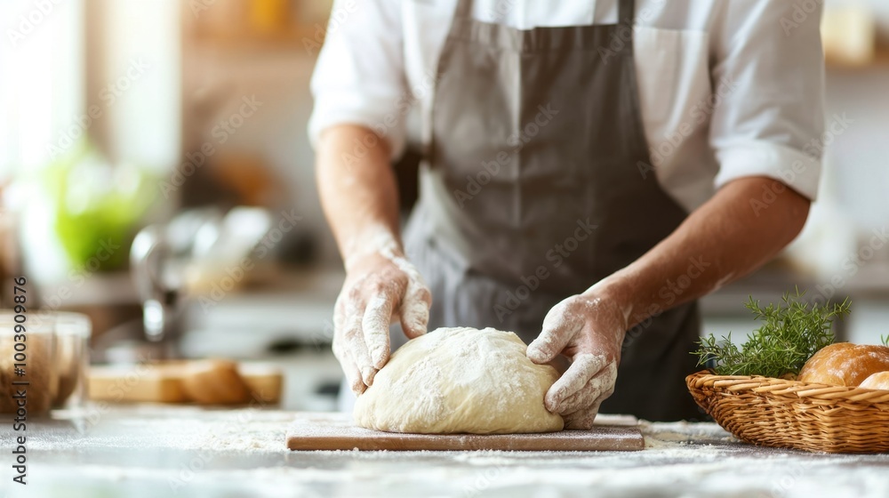 Local baker kneading dough, bright kitchen, clean background, minimal elements, copy space Local baker kneading dough, bright kitchen, clean background, minimal elements, copy space