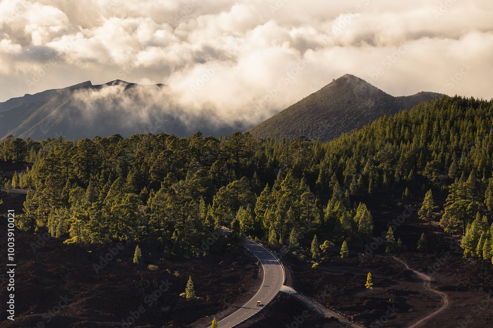 Volcanic landscape of Tenerife island with Teide in the background.