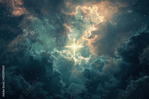 A cross radiating light amidst swirling clouds, with a celestial glow and starry night backdrop