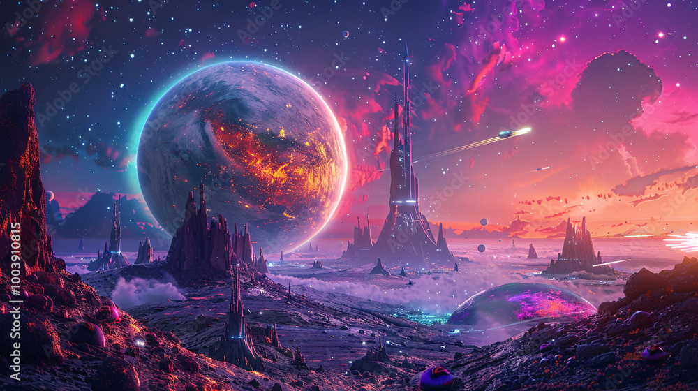 A futuristic scene of a space station orbiting a colorful alien planet, with advanced technology and spacecraft depicted in a vibrant, star-filled cosmos A futuristic scene of a space station orbiting a colorful alien planet, with advanced technology and spacecraft depicted in a vibrant, star-filled cosmos