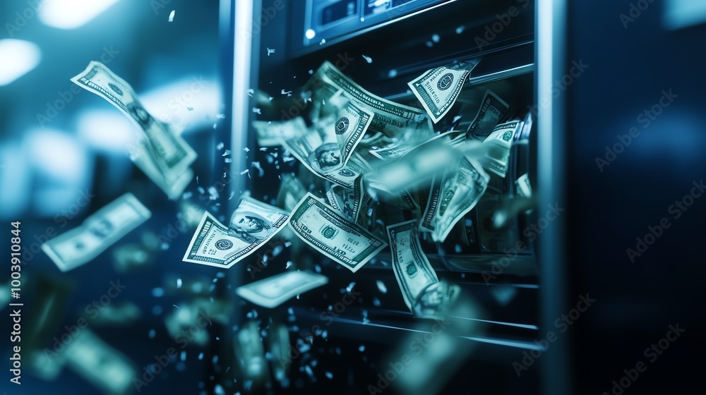 A dynamic scene capturing cash flowing from an ATM, symbolizing wealth and financial transactions in a modern banking environment. A dynamic scene capturing cash flowing from an ATM, symbolizing wealth and financial transactions in a modern banking environment.