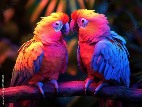 Exotic parrots glowing with neon feathers in a futuristic tropical environment Futuristic Neon High Detail