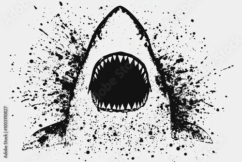 Ferocious shark gapes in ink drawing style with paint splashes. dark graffiti art photo