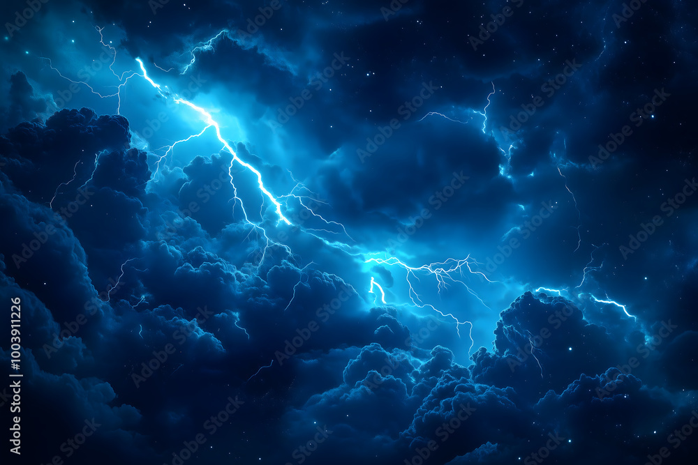 Obraz premium Lightning strike on cloudy dramatic stormy sky background. Generative Ai.