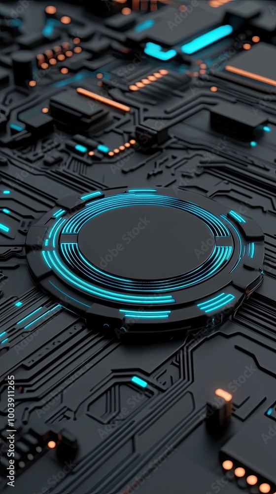 Fototapeta premium A glowing hologram rests on a detailed digital circuit board, surrounded by intricate tech patterns and bright lights, showcasing stunning hyperrealism
