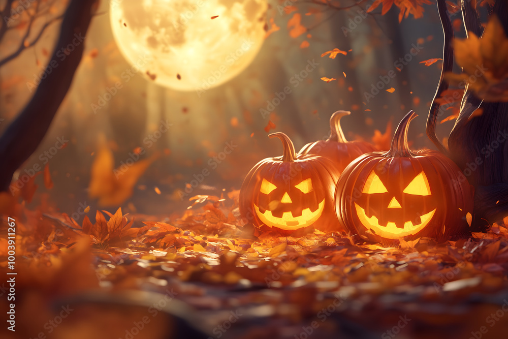 Naklejka premium Spooky Halloween Pumpkin in Dark Autumn Night background. Generative Ai.