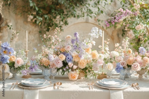 pastel floral tablescapes, decorated tables with soft floral arrangements in delicate pastel shades, setting a charming and welcoming atmosphere for guests to relish