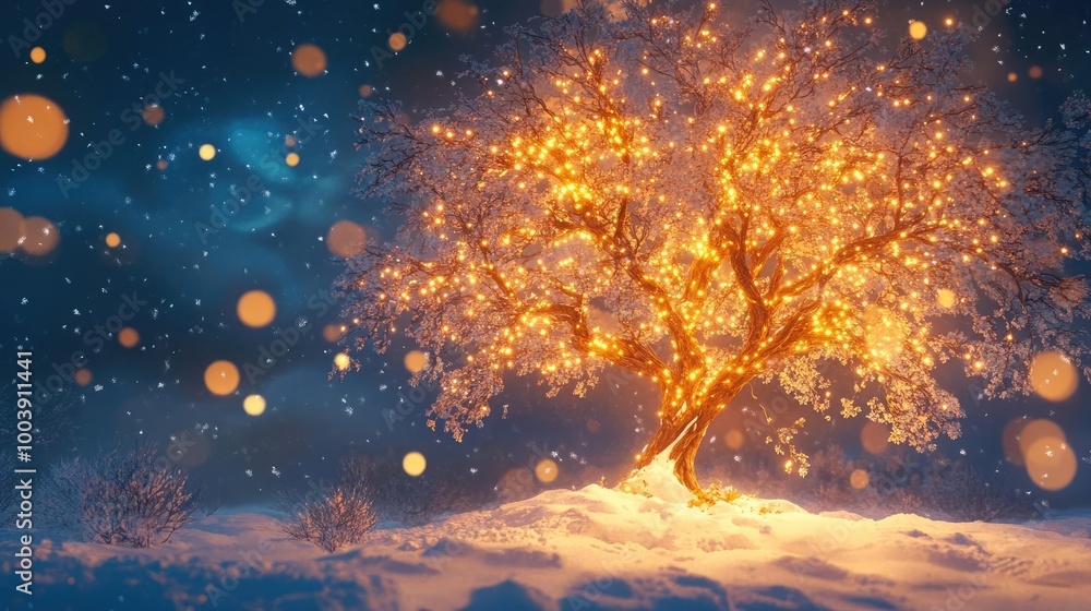 A magical tree adorned with glowing lights against a snowy backdrop, creating a serene winter wonderland atmosphere. A magical tree adorned with glowing lights against a snowy backdrop, creating a serene winter wonderland atmosphere.