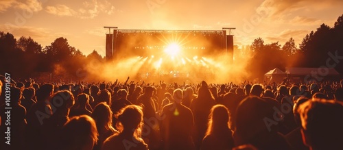 Large crowd at a music festival with the sun setting in the background.