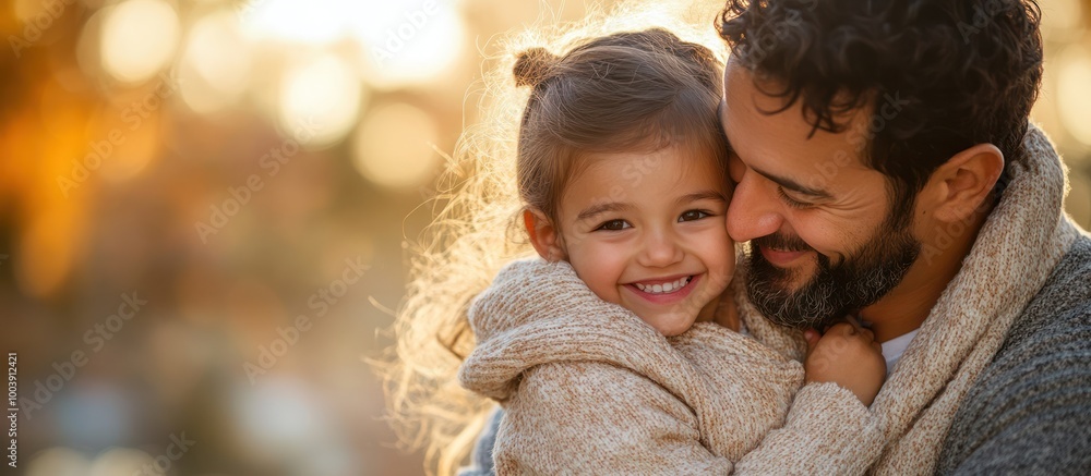 Obraz premium A father and daughter share a tender moment, smiling and embracing each other, in a warm and loving embrace. They look happy and content, enjoying each other's company.