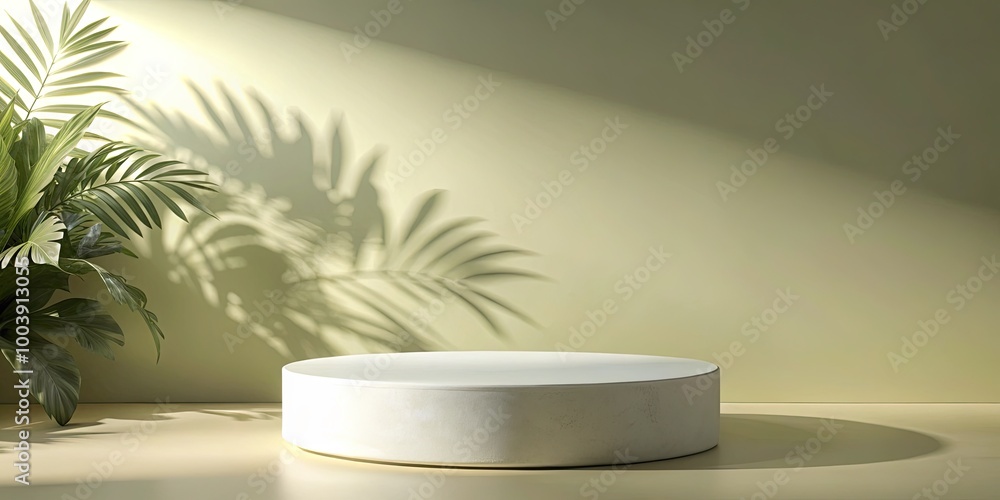 Minimalist podium with tropical shadows on a beige wall. Minimalist podium with tropical shadows on a beige wall.
