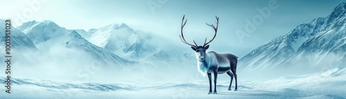 A serene winter landscape featuring a majestic reindeer standing amidst snow-covered mountains and a dreamy icy atmosphere.