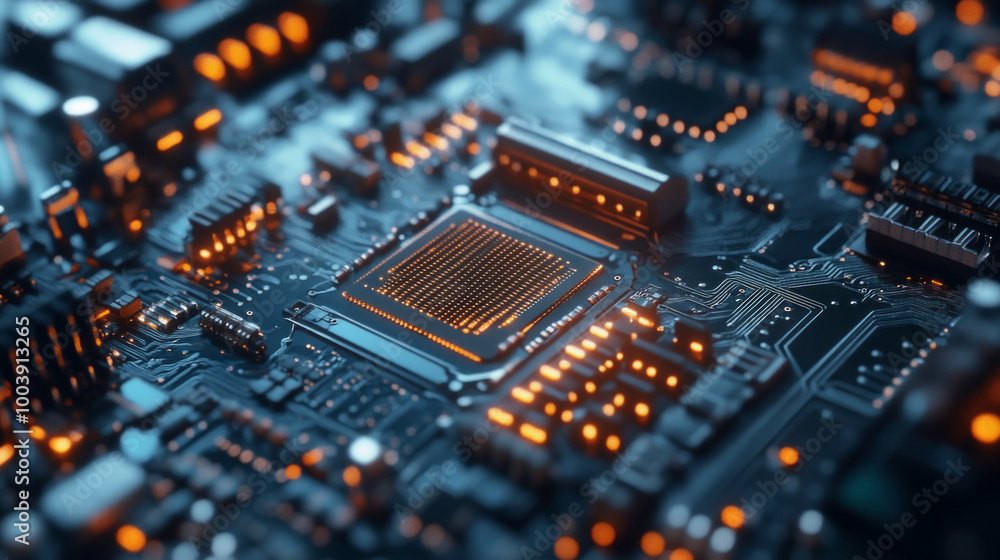 A close-up view of a glowing microchip on a circuit board highlighting intricate electronic connections and components at night A close-up view of a glowing microchip on a circuit board highlighting intricate electronic connections and components at night