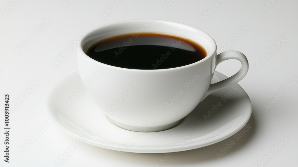Simple white coffee cup filled with rich black coffee on a clean saucer against a minimalist background in the morning light Simple white coffee cup filled with rich black coffee on a clean saucer against a minimalist background in the morning light