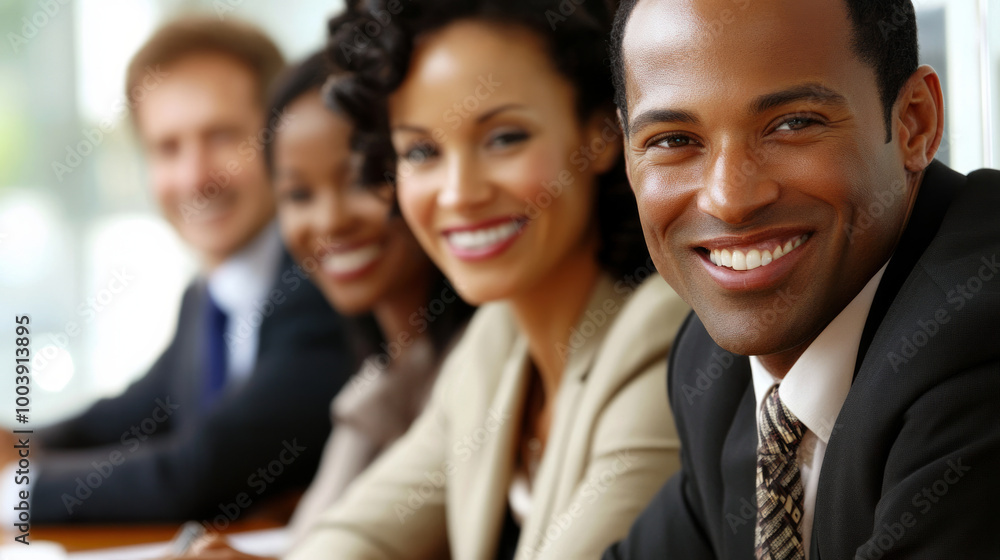 Cheerful professionals engaging in a collaborative discussion during a business meeting in a modern office setting Cheerful professionals engaging in a collaborative discussion during a business meeting in a modern office setting