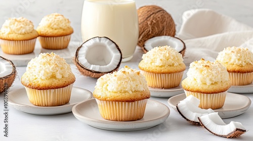 Coconut and almond muffins are beautifully stacked beside a glass of milk, showcasing their golden brown hue, perfect for a delicious breakfast or snack