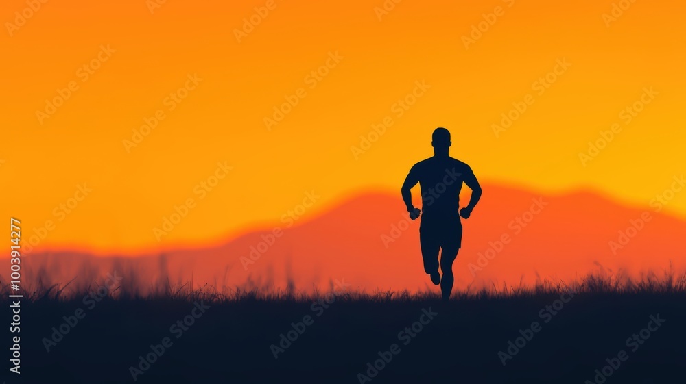 Sweaty athlete running uphill at sunset Sweaty athlete running uphill at sunset