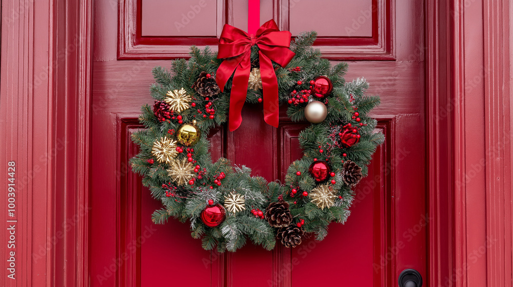 Naklejka premium A festive wreath adorned with ornaments and natural elements hangs on a bright red door during the holiday season