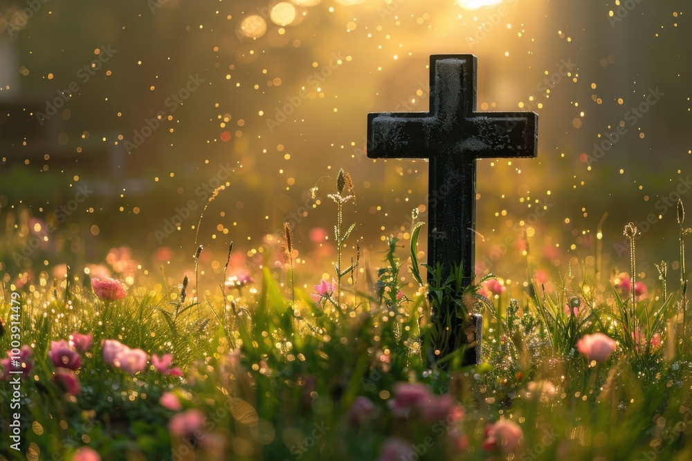 A cross standing in a vibrant, sun-dappled meadow, with dew-covered grass and a soft morning glow A cross standing in a vibrant, sun-dappled meadow, with dew-covered grass and a soft morning glow