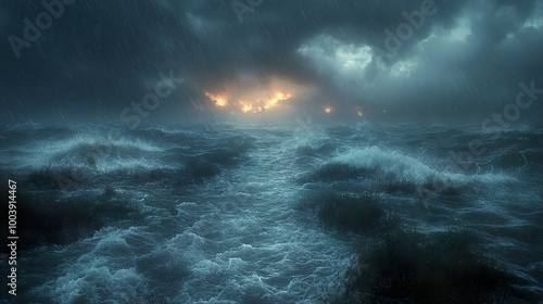 Stormy Sea with Dramatic Sky and Rain