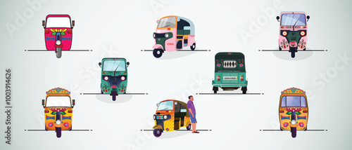 Set of three wheelers auto-rickshaw illustrations of India. with rickshaw paint on it. front view of tuk-tuk