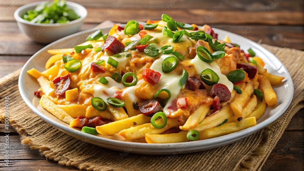 Loaded fries with cheese, bacon, jalapenos, and green onions on white plate Loaded fries with cheese, bacon, jalapenos, and green onions on white plate