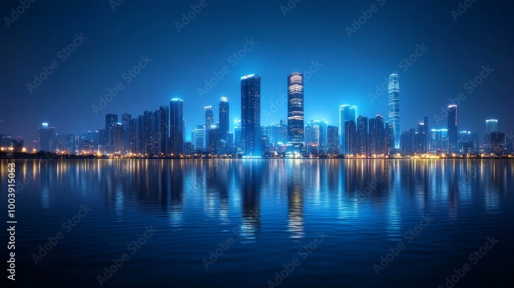 Fototapeta premium A city skyline is reflected in the water
