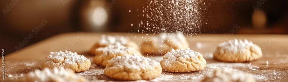 Freshly baked cookies with powdered sugar being sprinkled on top, showcasing a cozy baking atmosphere. Freshly baked cookies with powdered sugar being sprinkled on top, showcasing a cozy baking atmosphere.