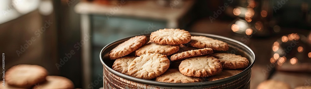 A rustic tin filled with freshly baked cookies, perfect for a cozy kitchen setting or a delicious treat. A rustic tin filled with freshly baked cookies, perfect for a cozy kitchen setting or a delicious treat.