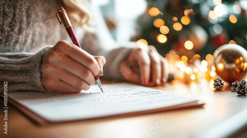 Writing New Year’s resolutions at a cozy desk by the holiday decorations during winter