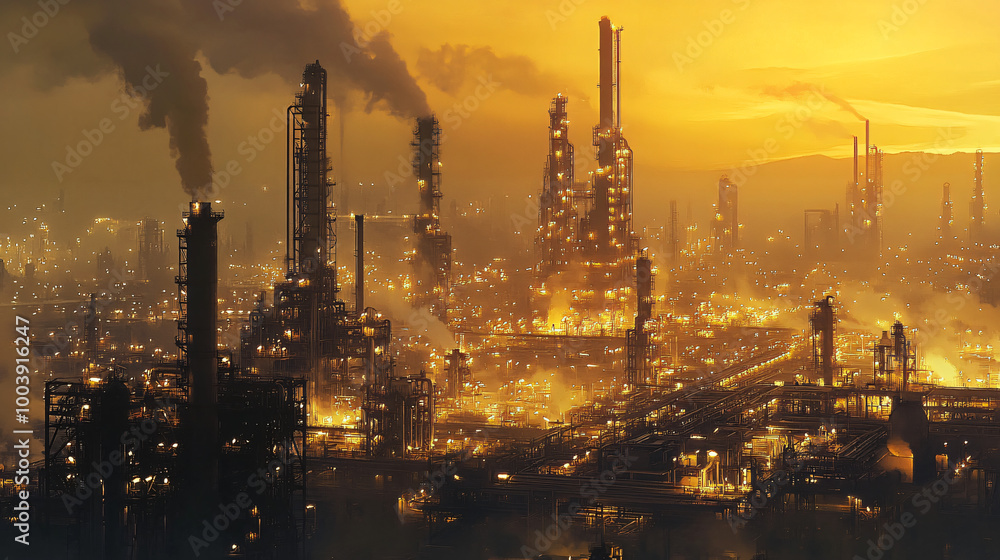 An oil refinery processing crude oil into various products. An oil refinery processing crude oil into various products.