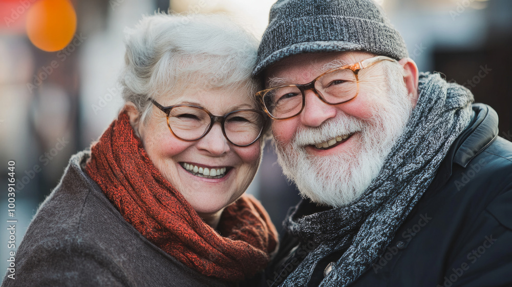 A joyful elderly couple embracing in a cozy outdoor setting, radiating love and happiness during a sunny winter afternoon A joyful elderly couple embracing in a cozy outdoor setting, radiating love and happiness during a sunny winter afternoon