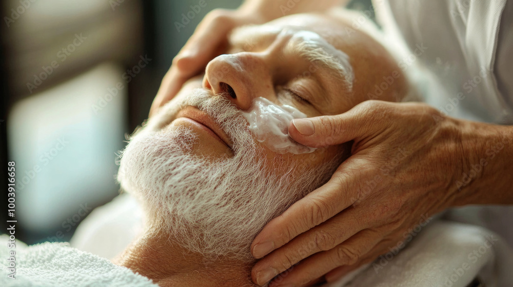 A man enjoys a relaxing facial treatment at a wellness spa aimed at rejuvenating his skin and promoting self-care A man enjoys a relaxing facial treatment at a wellness spa aimed at rejuvenating his skin and promoting self-care