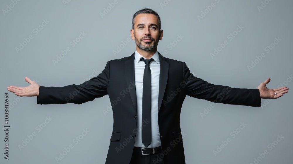 Confident Businessman in Formal Attire Standing with Open Arms in Corporate Setting Confident Businessman in Formal Attire Standing with Open Arms in Corporate Setting