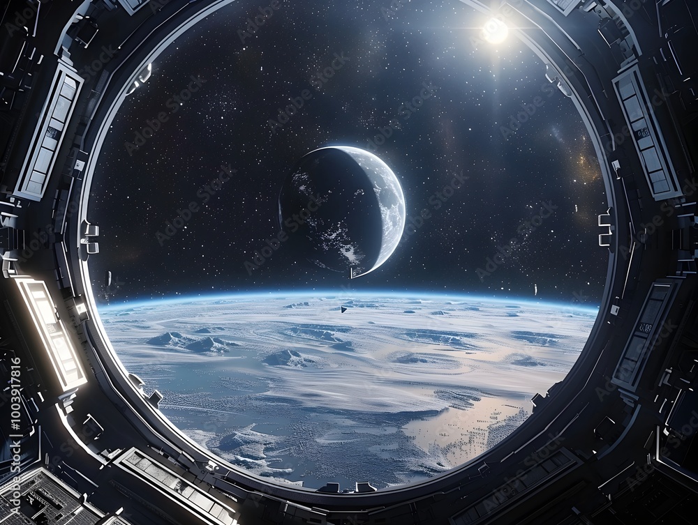 Breathtaking View of the Moon and Earth from Space Station Orbiting the Lunar Surface Breathtaking View of the Moon and Earth from Space Station Orbiting the Lunar Surface
