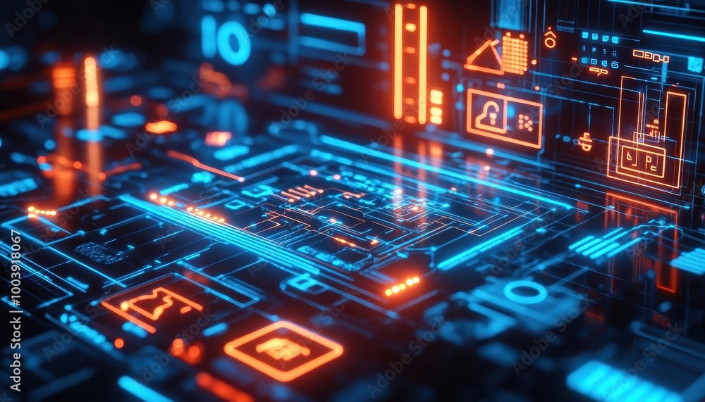 IoT devices in a smart home, with glowing holographic control panels and neon accents Futuristic Hologram Neon IoT devices in a smart home, with glowing holographic control panels and neon accents Futuristic Hologram Neon