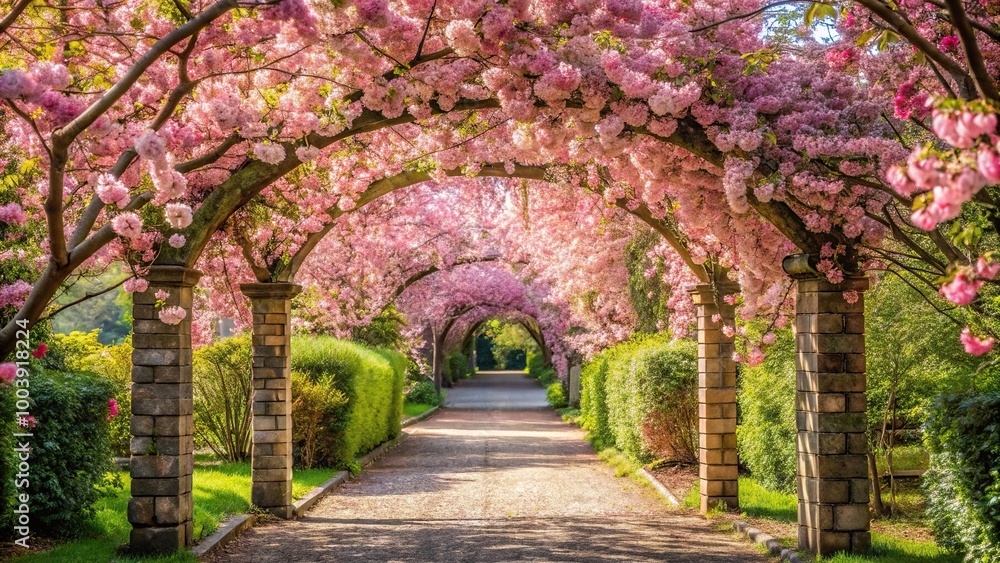 Obraz premium Long shot of a blossoming gateway with a profusion of flowers welcoming you at the doorstep